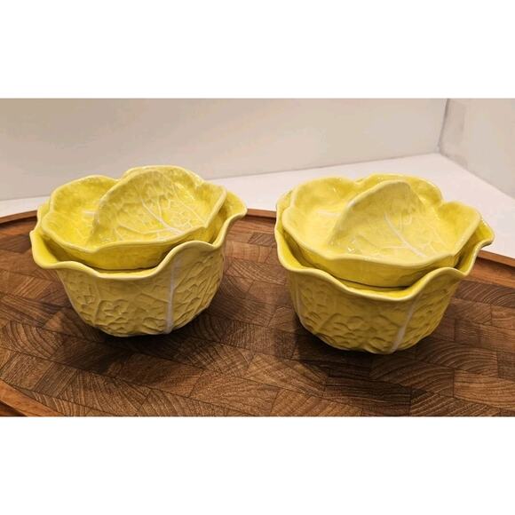2 Secla Portugal Pottery Cabbage Leaf Yellow Soup Bowl+ Lid Condiment VTG Majol - Picture 1 of 12